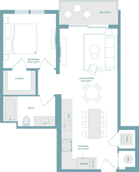 Floor plan for 1 bed, 1 bath, 687 sqft